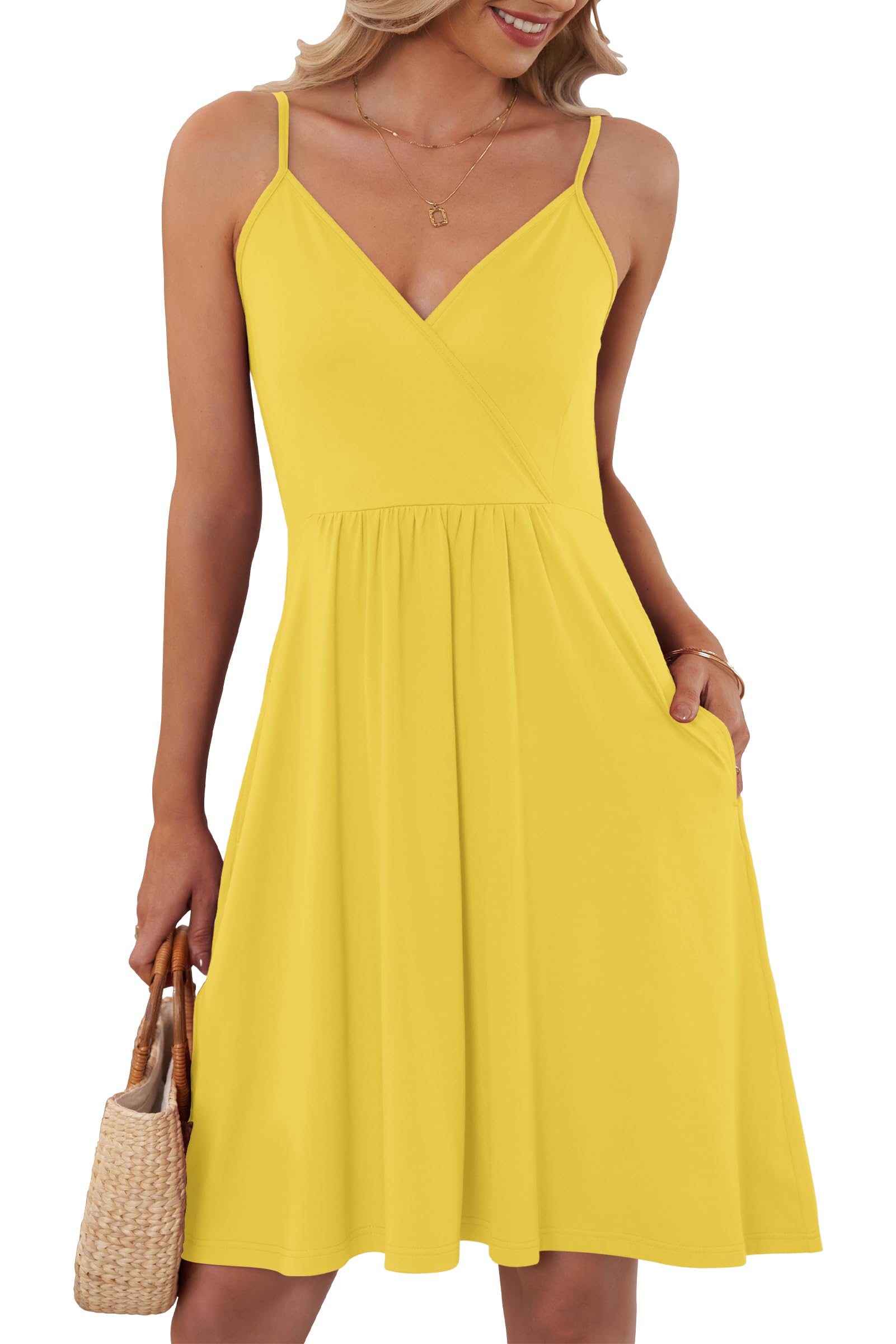 AUSELILY Summer Dress for Women UK V Neck Spaghetti Strap Casual Dress Beach with Pockets Yellow 2XL