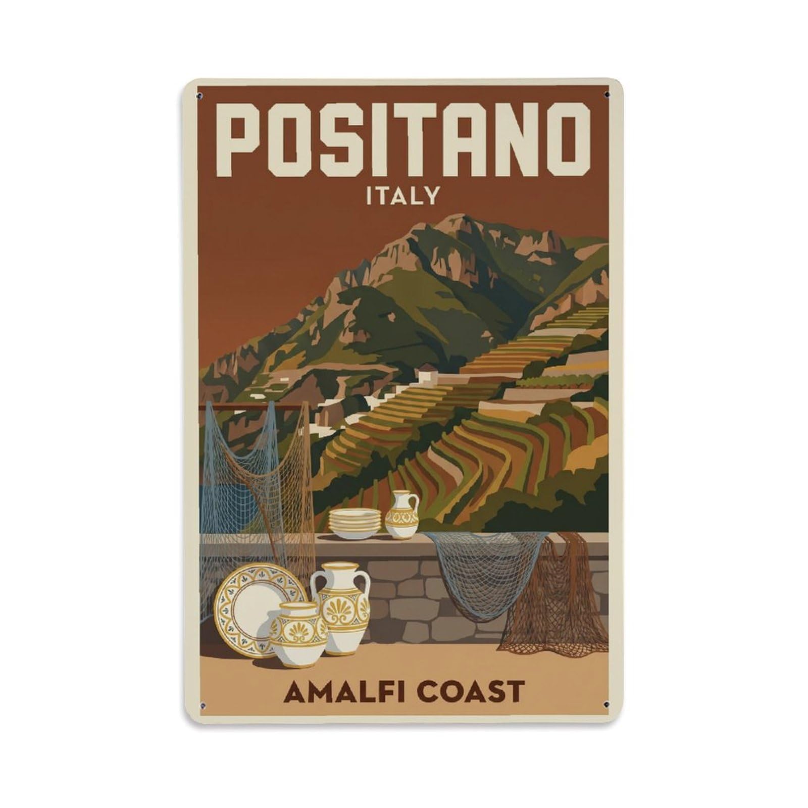 Vintage Travel Positano Italy Umber Metal Tin Sign Plaque Wall Decor for Cafe, Club Bar, Office, Garden Metal Poster 8x12Inch