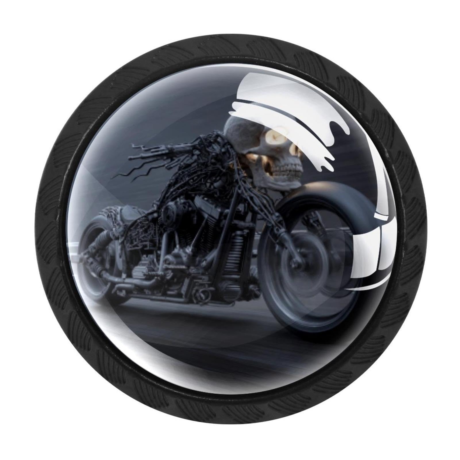 CHENZZZZ 4 Pieces Skull Motorcycle (3) Drawer Knobs, 35mm Black Kitchen Cabinet Knobs, Drawer Pulls and Knobs, Glass Cabinet Hardware Single Hole Knob for Cabinets and Drawers Round