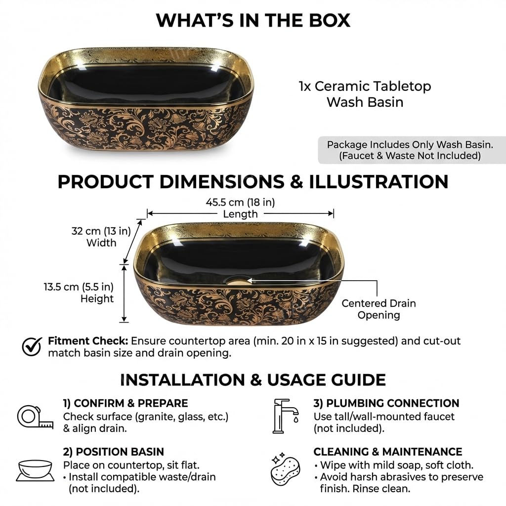InArt Countertop Ceramic Glossy finish Wash Basin for Bathroom (Black and Gold) 4