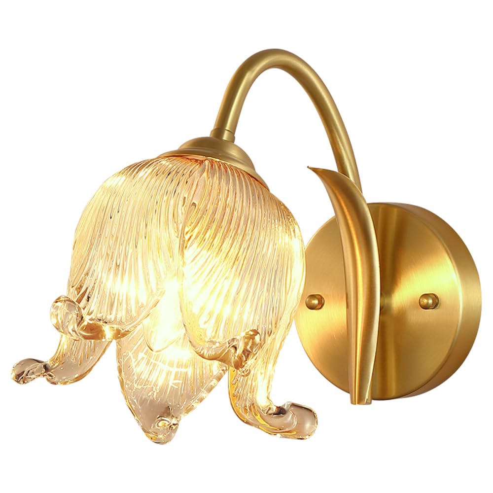 HUAYUSEDF Modern Glass Wall Light Fixture Vintage Brushed Brass Sconce Mid Century Flower Bedroom Lighting Nordic Gold Hallway Indoor Mounted Lamp for Living Room Foyer Entrance