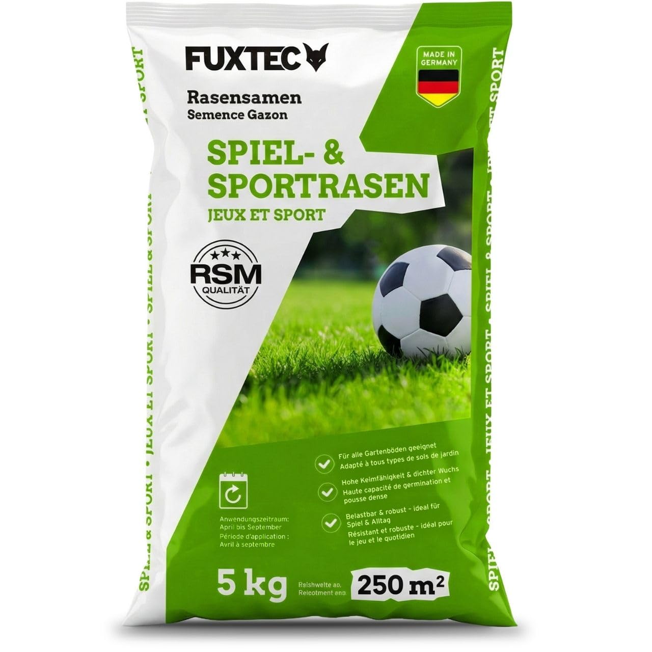 FUXTEC FX RSSP5 - Semillas de césped de jardín para siembra nueva y post-siembra, alta capacidad de germinación, crecimiento denso, resistente y resistente a pisadas, 5 kg para aprox. 250 m²