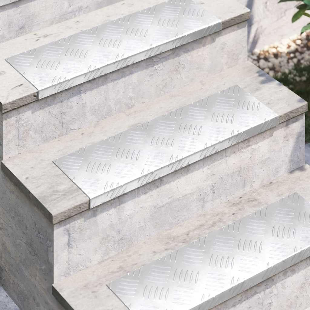 Aluminium Treppenstufe 10er Set Silber 60 x 18 x 2,5 cm Rautenmuster Trittauflage für Innenbereich, Treppenläufer, Rutschhemmende Trittsicherheit