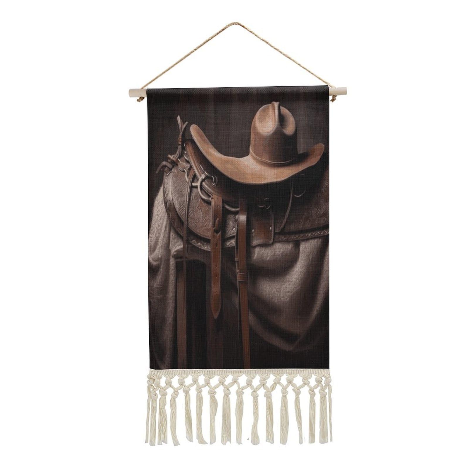 VstaDank Horse Saddle with A Cowboy Hat Wild Wall Art Decor with Tassels 20"x10" Cotton Linen Hanging Tapestry Decor Wall Art Prints Wood Frame Boho Wall Art Poster for Bedroom Living Room Office