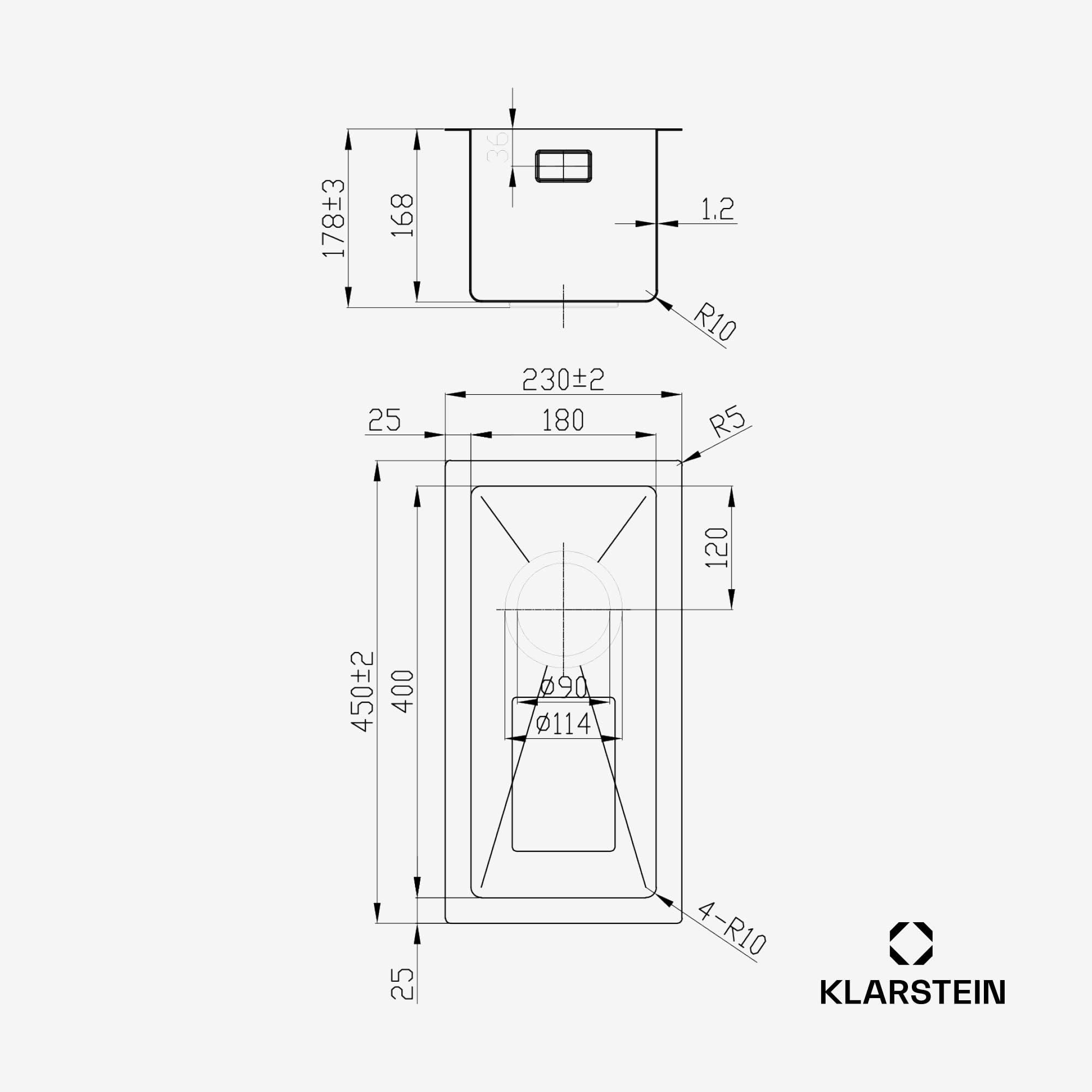 Klarstein Lavello Cucina – Acciaio Inox 304, Design Stretto 23 cm, Resistente a Graffi & Calore, Facile da Pulire, Include Kit Installazione & Troppopieno, 45x23 cm