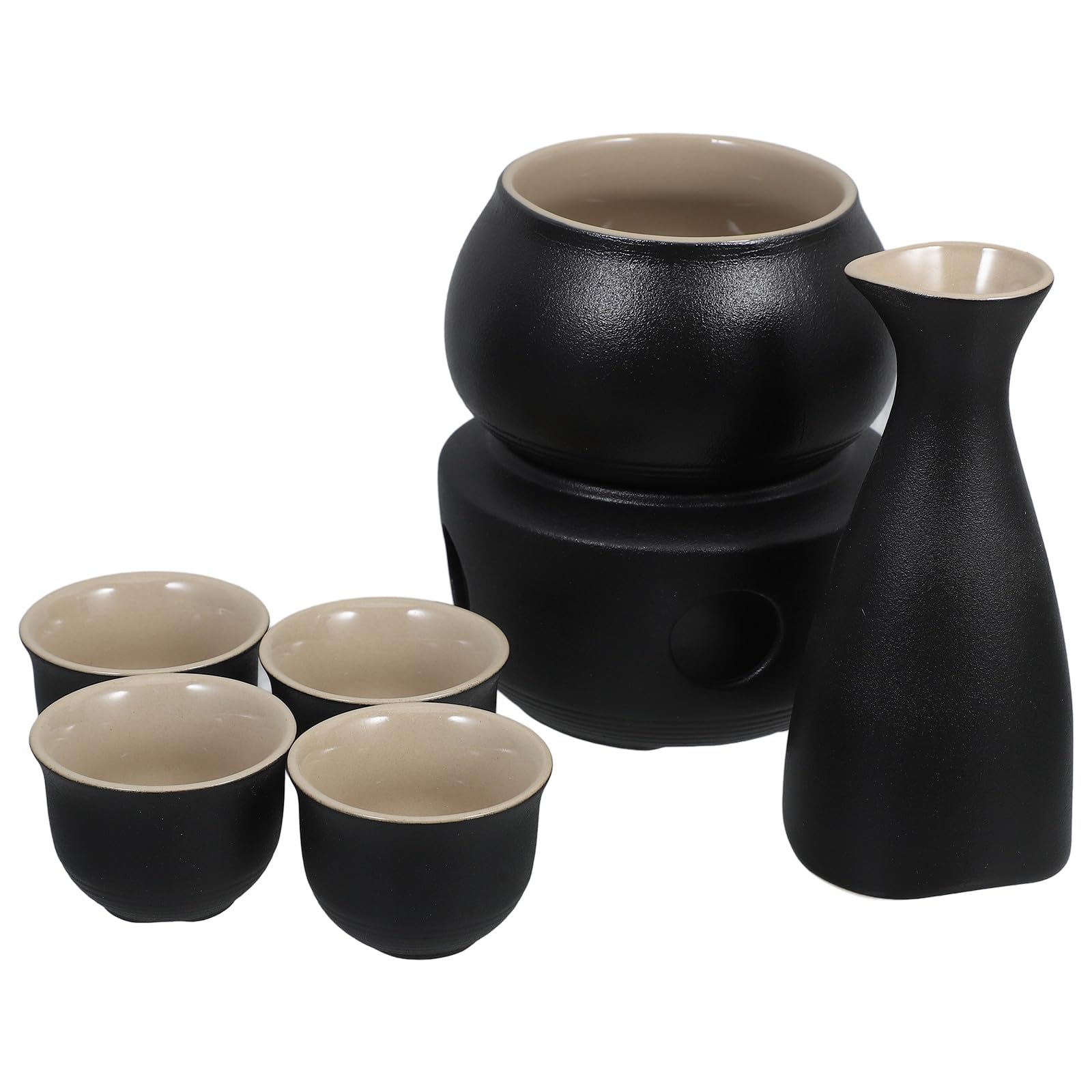 VOSAREA Ensemble de Saké Japonerie Réchauffeur Stable et Facile à Nettoyer en Céramique Noire Tasse 45 ML avec Bouteille Tokkuri 300 ML pour Dégustation Traditionnelle