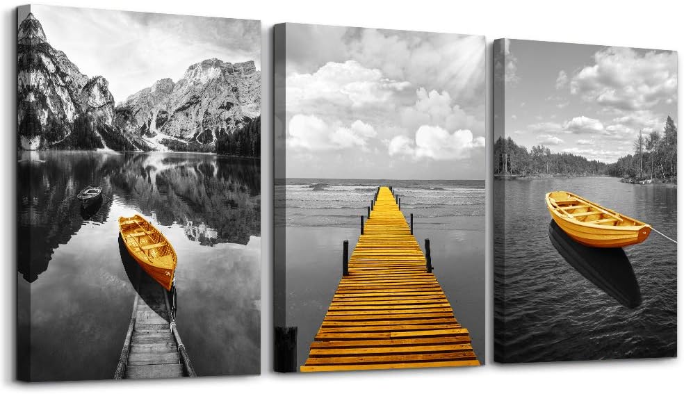 Black and White golden yellow boat Coastal sea Landscape 3 Panels Canvas Wall Art for Living Room Bedroom mural wall decorations Print Picture Artwork Bathroom wall decor Modern Seaview Wall Painting