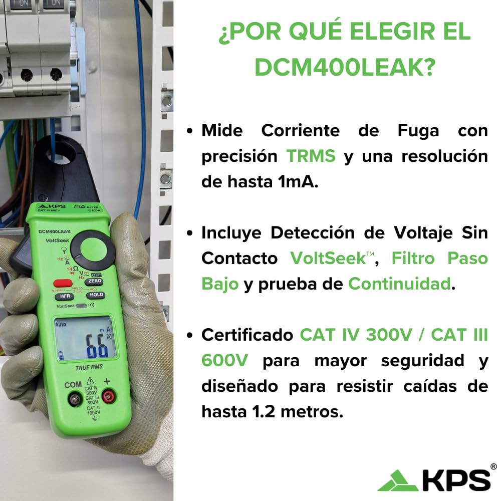 KPS-DCM400LEAK Pinza de Fugas de Corriente TRMS 20mA a 100A AC/DC Voltaje 1000V AC/DC Filtro Pasabajo 50Hz - 800Hz y NCV