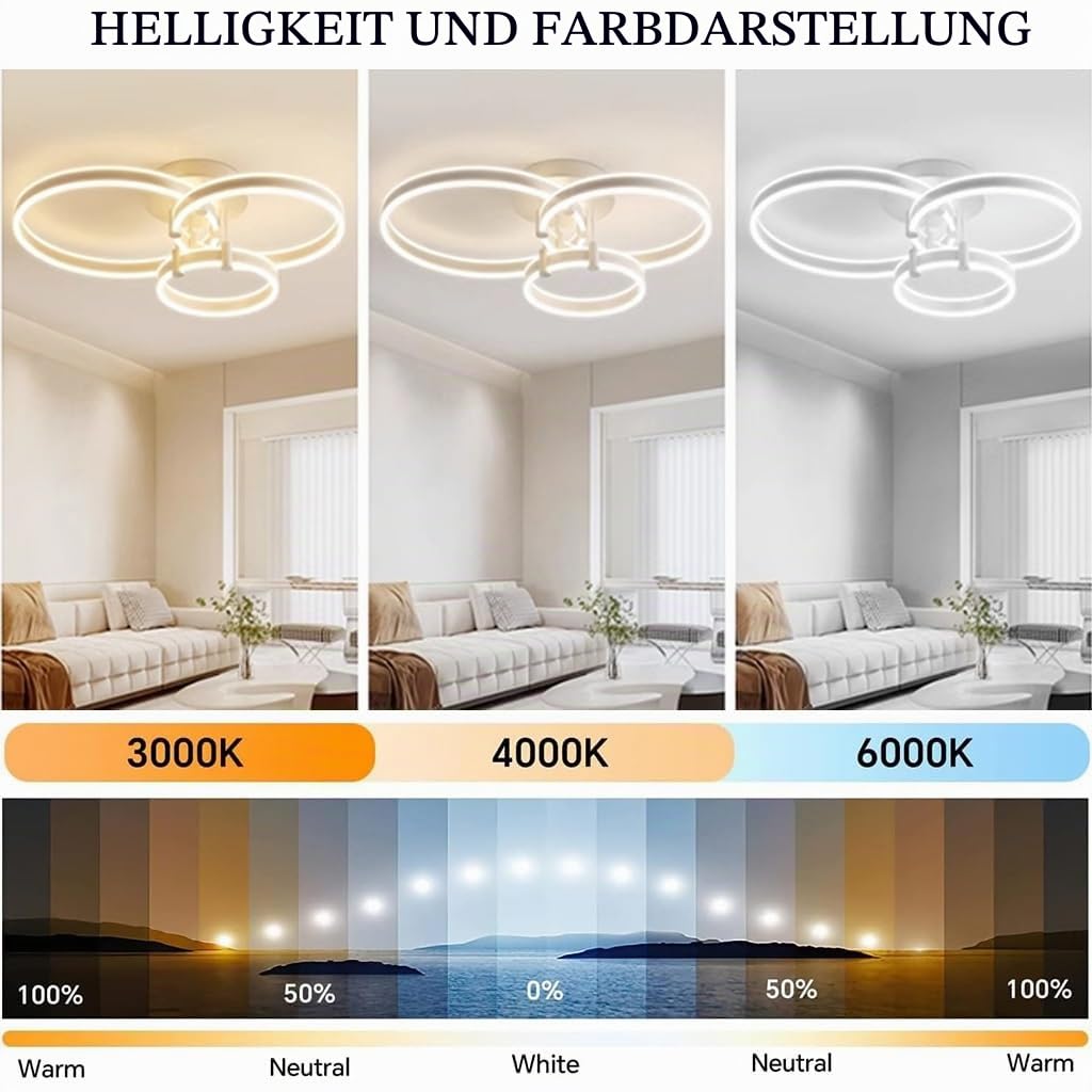 Moderne LED Deckenleuchte 117W dimmbare Deckenlampe mit Fernbedienung 3-Ring Einbau Deckenleuchten schwarzer Metall Kronleuchter Deckenlicht für Wohnzimmer Schlafzimmer Küche Beleuchtungskörpe