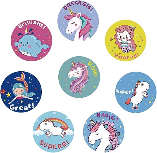Miniatura 2 de Calcomanías de recompensa de unicornio de dibujos animados, 500 calcomanías de princesa de sirena de Narval de 1 pulgada para niñas estudiantes,