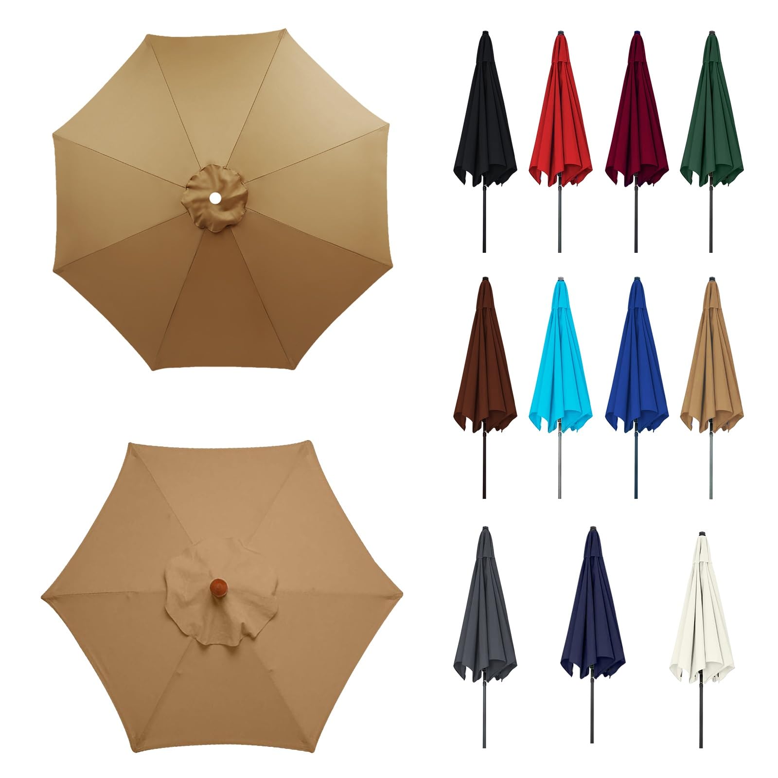 200/230/250/270/300cm Parasol Umbrella Replacement Cover, Umbrella Replacement Fabric, Large Table Umbrella Replacement Top Fit, Fade Resistant, for Patio, beach, swimming Pool(Khaki,8ribs:2.30m/7.5ft