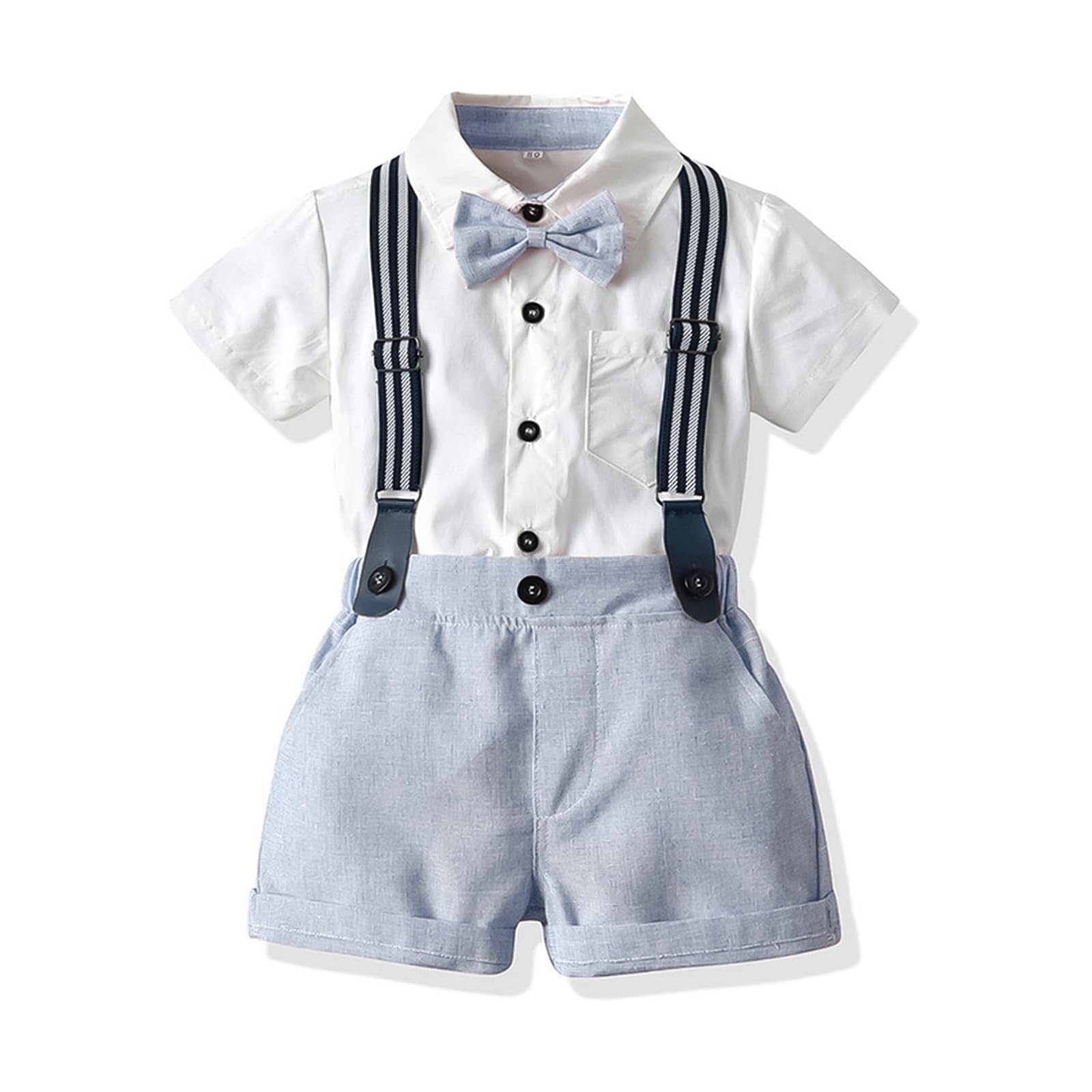 Volunboy Ensemble court formel pour bébé garçon - Tenue d'été gentleman - Manches courtes - Nœud papillon - Chemise à bretelles - Short - Blanc et bleu - 3 ans, Blanc et bleu., 3 Jahre/4 Jahre