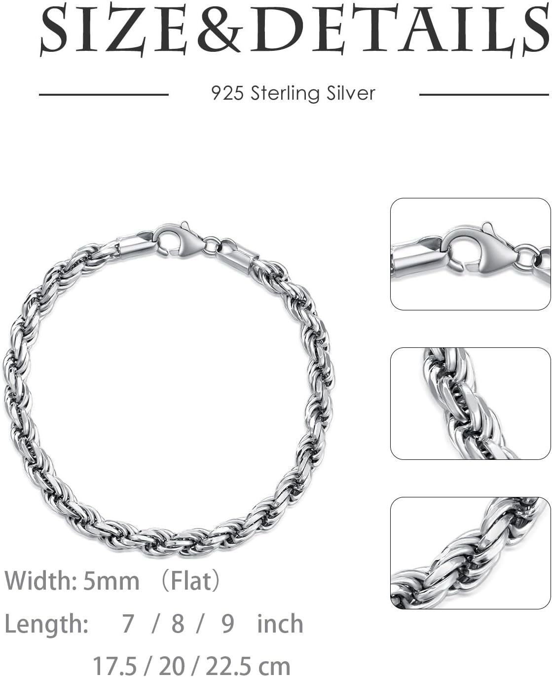 925 Sterling Silver 5mm Rope Link Chain Bracelet for Men 7/8/9 Inch for Men Boys Women with Lobster Clasp Jewelry Gift