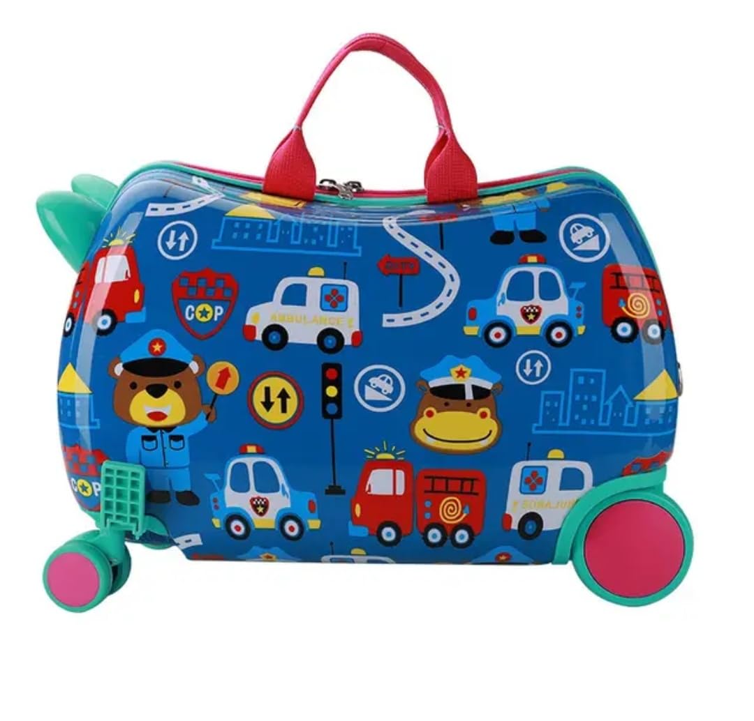 Polycarbonate 8 Spinner Wheels Kid's 18 inches Hard Case Carry Ride-On Luggage Suitcase Trolley Bag for Girl's and Boy's (Blue Cars), Medium, 31 cm