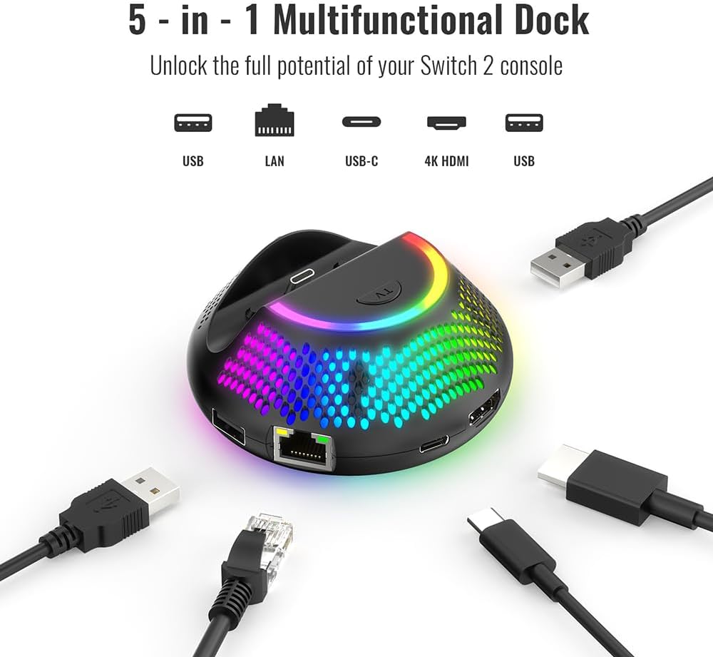 Circular Portable TV Dock for Switch 2 Console: NS2 Video Conversion Dock with RGB Light