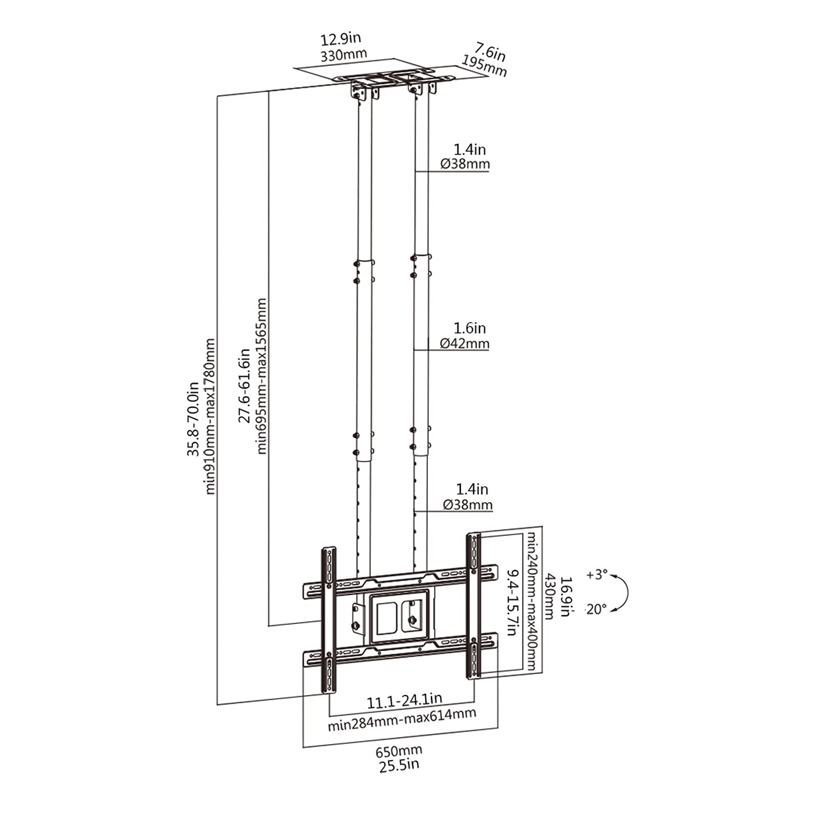Supporto TV resistente, staffa regolabile da soffitto per TV da 50 a 80 pollici, design inclinabile, VESA max 600 x 400 mm, supporta fino a 69,9 kg