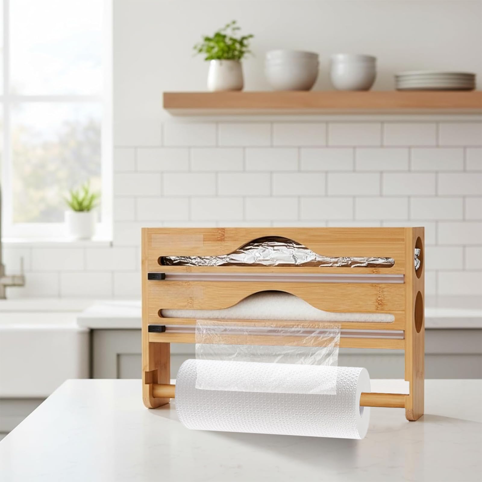 Küchenrollenhalter ohne Bohren – 2-in-1 Bambus Folienabroller mit Papierhalter, Wandmontage, Rundöffnung 5cm, Abnehmbarer Halter für Küchenrolle, Folie & Aufbewahrung (Naturfarbe)