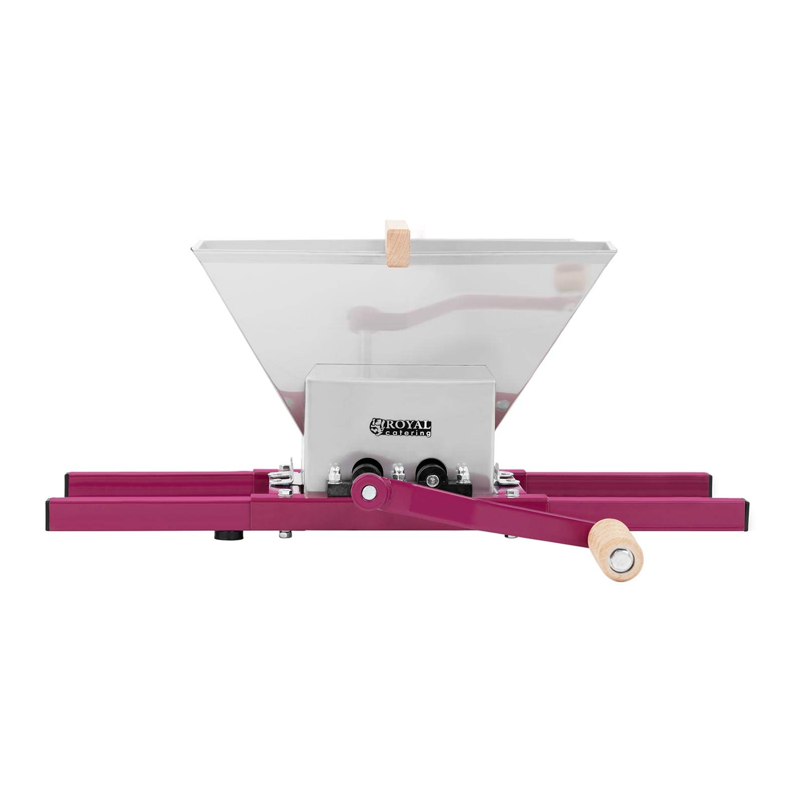 Wiesenfield Fouloir Broyeur Fruits Raisin Mécanique Moulin (Volume 7 l, Actionnement Manuel, Trémie de 33,5 x 30,5 cm, Inox/Fer/bois, Roues en Aluminium)