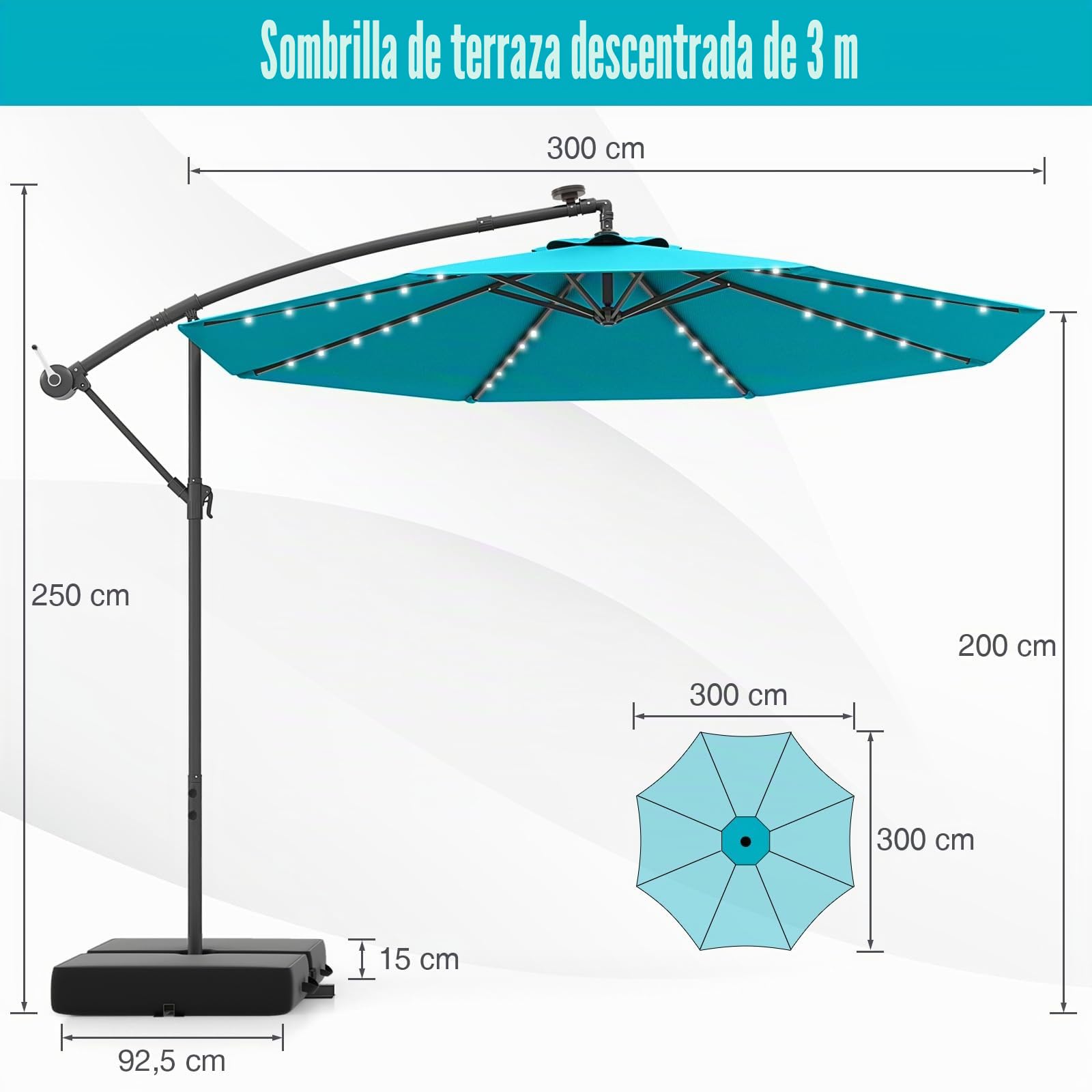 RELAX4LIFE Sombrilla Terraza 3x3m con 40 Luces LED Solar, Sombrilla Inclinable con Base en Cruz, Manivela Manual y 2 Sacos de Arena, Protección Solar, Parasol para Jardín, Terraza y Patio