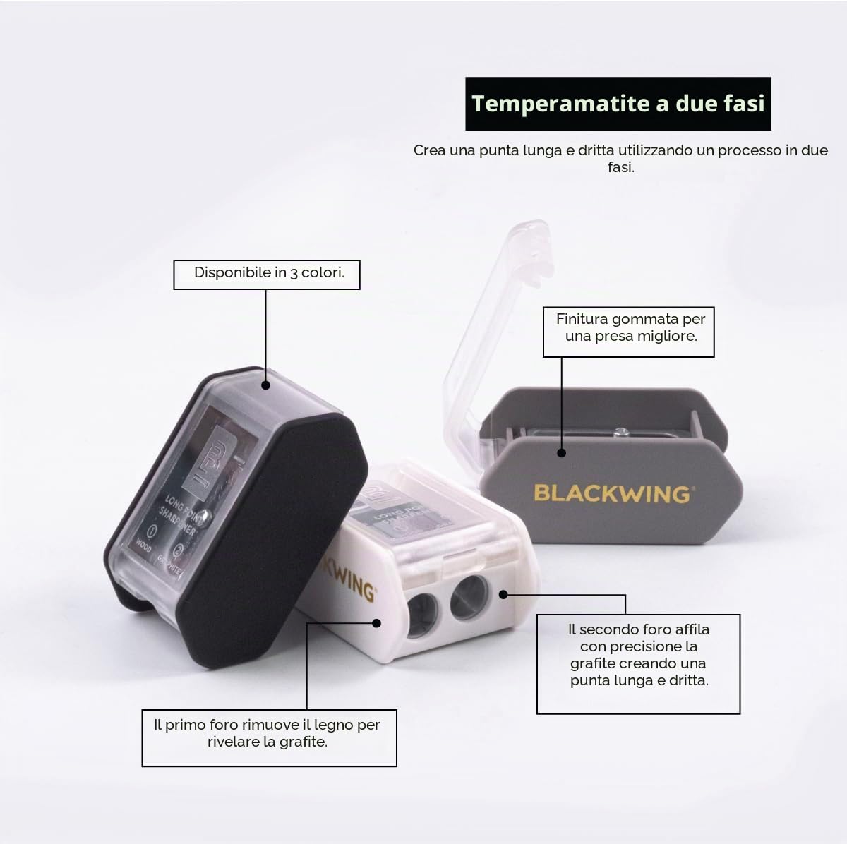 Blackwing Temperamatite a punta lunga a due fasi, bianco, lame in acciaio tedesco, crea una punta lunga affilata, 1 pezzo