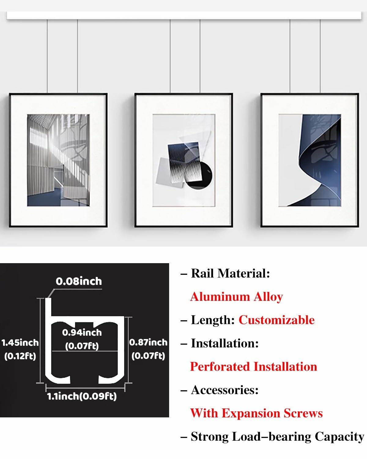 Rail d'accrochage pour tableaux, Kit de système de suspension for cimaises avec rails de 10 à 50 pouces et câbles de 19,6 à 118 pouces(30"/2.4' Track,78.7"/6.5' Cable)