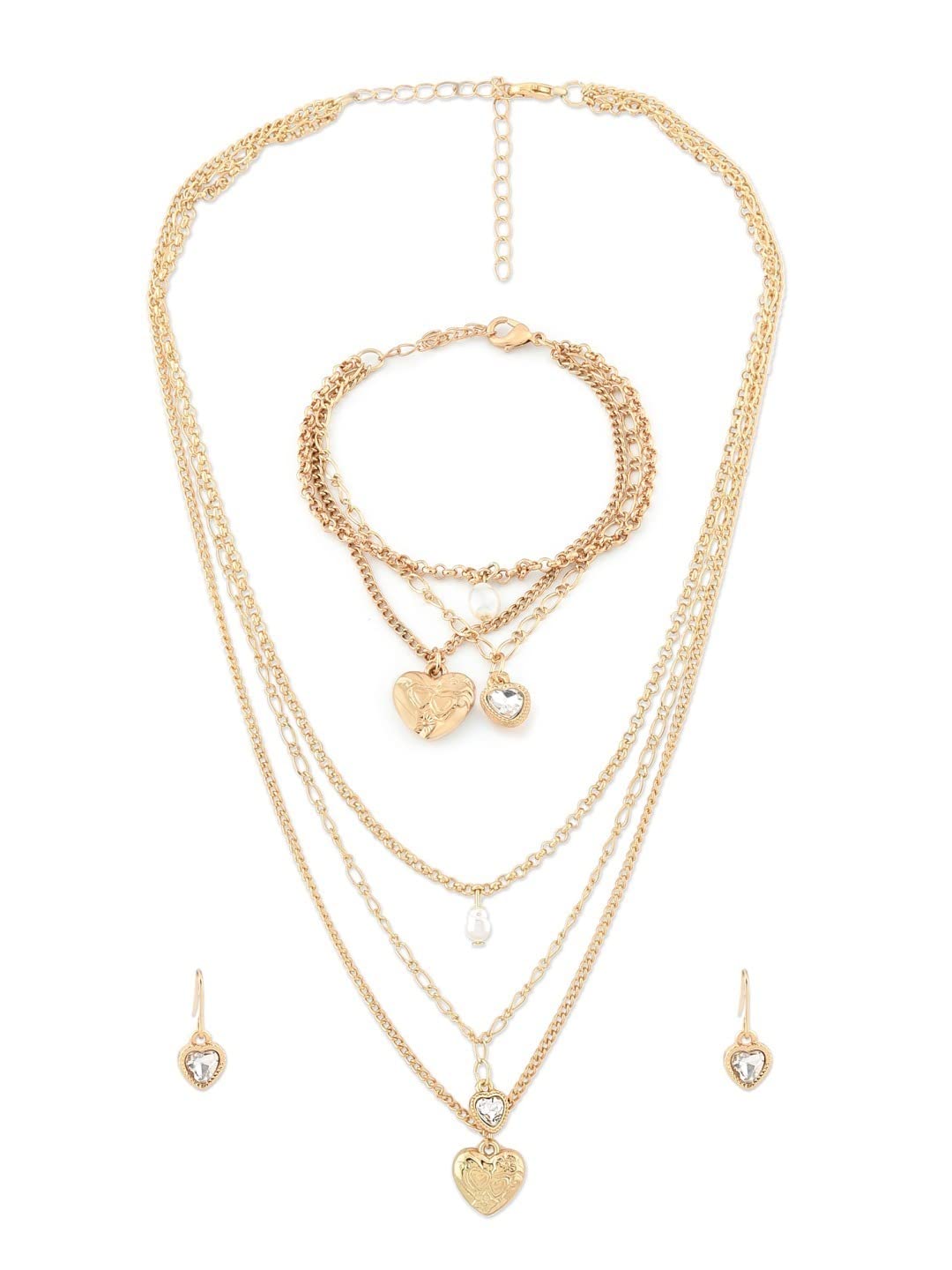 ZAVERI PEARLS Gold Tone 3 Layers Contemporary Heart Charm Chain Earring & Bracelet Set For Women-ZPFK15081 (B0BG84XTRK) Amazon Price History, Amazon Price Tracker