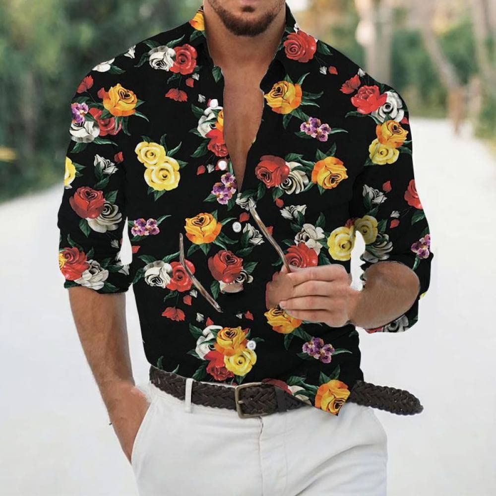 Uomo Floreale Camicia Con Bottoni,Camicia A Fiori Da Uomo Camicie  Abbottonate Con Motivo A Fiori Gialli Neri Camicia A Maniche Lunghe Ampia  Da Uomo Romantica Da Applicare Al Concerto Di Ballo Di