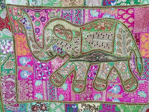Image of Ekam Art Rajasthani Handmade Heavy Elephant Embroidery Cotton Patchwork Tapestry Cotton Wall Decor Hanging Beaded Tapestries Home Living Room Decor 40 x 60 Inch (Light Green)
