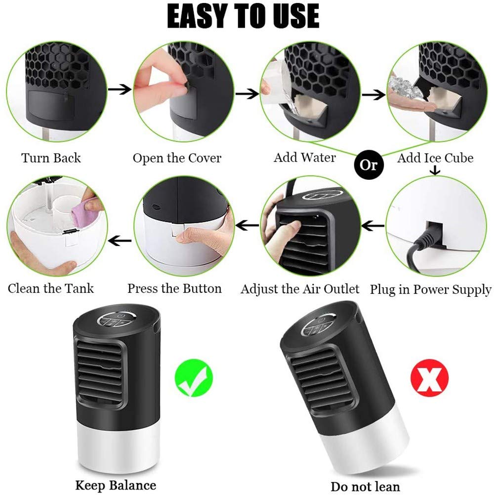 Condizionatore Portatile,Mini Raffrescatore Evaporativo Umidificatore,Basso Rumore Raffreddatore d'Aria Climatizzatore Personal Air Cooler con 3 velocità per Casa Ufficio Viaggio