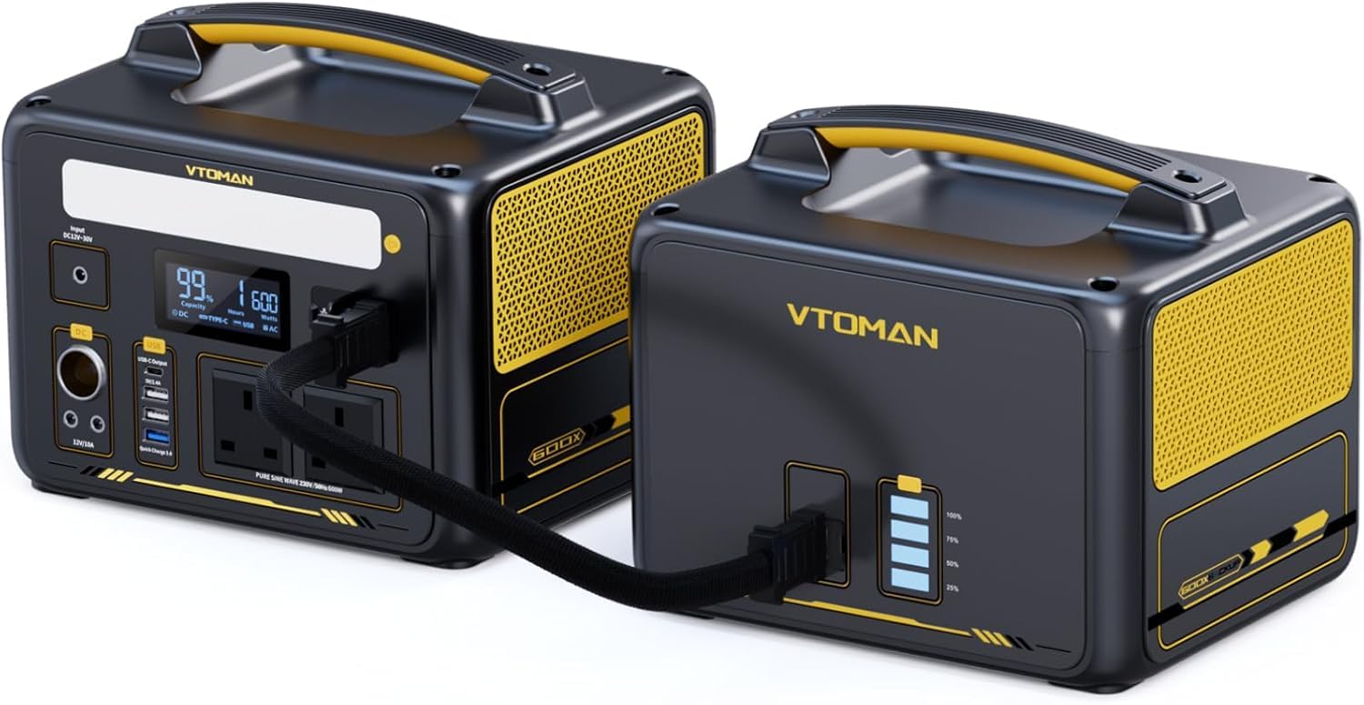 Vtoman Jump 600X Portable Power Station With Extra Battery - 600W/939Wh Durable Lifepo4 Battery Power Station With 600W Constant-Power, Regulated 12V Dc, Pd 60W Usb-C For Camping,Travel,Home Backup