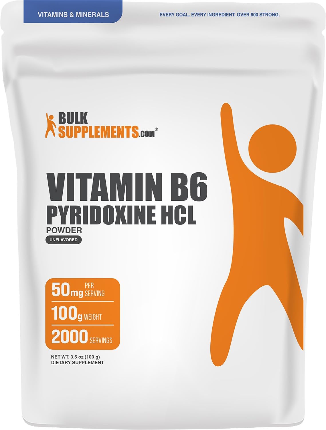 BulkSupplements.com Pyridoxine HCl Powder - Vitamin B6 Supplement, Vitamin Supplement - Gluten Free, 50mg of Pyridoxine B6 per Serving, 100g (3.5 oz) (Pack of 1)
