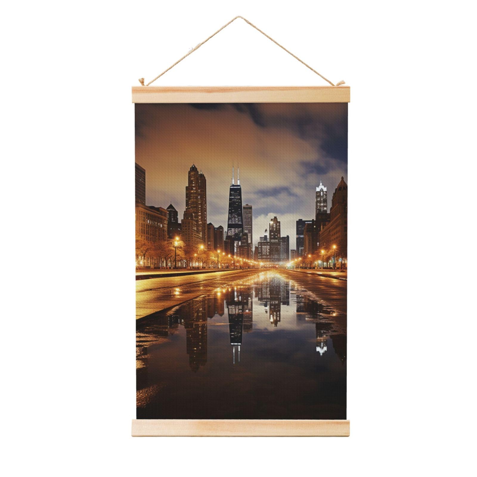 Chicago Poster Wooden Shaft Hanging Poster Wall Hanging Banner Canvas Artwork with Wood Frames 12"x18" Modern Artwork Decor Ready to Hang Wall Art for Home Decor Scroll Painting