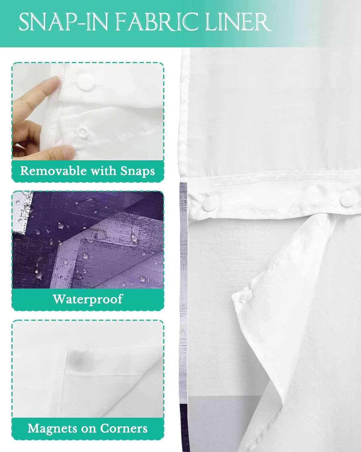 Purple Abstract Art No Hook Shower Curtain with Snap in Liner Rustic Shabby Color Block Plaid Shower Curtain for Bathroom, Fabric Waterproof Inner Liner, Hotel Style with Mesh Top Window, 54x78