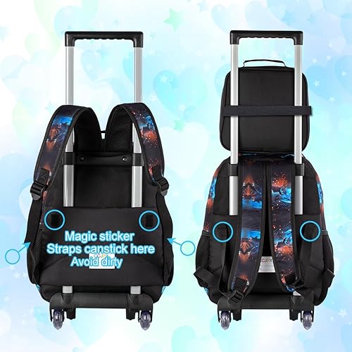 Miniatura 5 de CCJPX Mochila con ruedas para niños, mochila escolar con ruedas para niños pequeños, Dinosaurio Negro