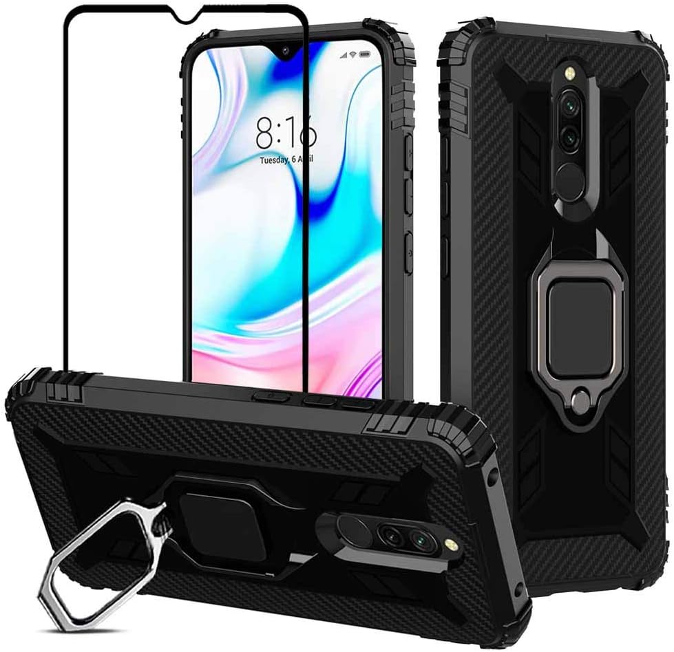 VICEANICS for Xiaomi Redmi 8A case, Redmi 8 Cover with Tempered Glass Screen Protector, Soft TPU Armor Case Reforced Cornors with Magnetic Finger Ring Holder Kickstand, Black
