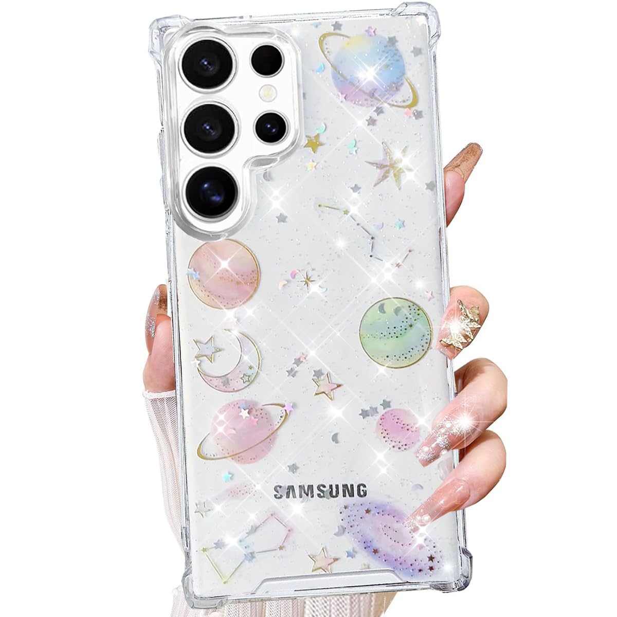 Changjia Funda transparente con purpurina para Samsung Galaxy, diseño de mariposas, planetas, estrellas, luna, universo, poliuretano termoplástico suave, a prueba de golpes, para mujer (transparente,
