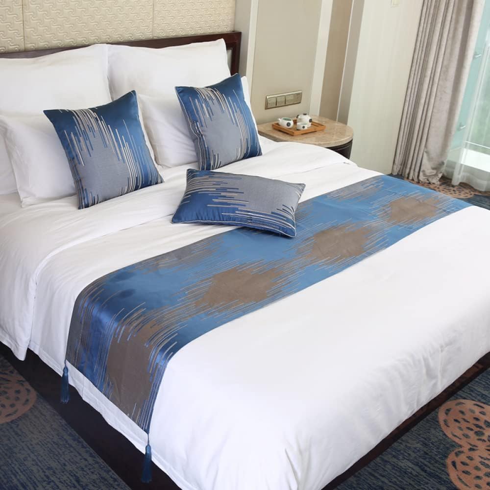 Bed Runners & Scarves Hotel Bed Scarf Cotton and Linen Embroidery Bedspread Protection Luxury Bed End Towel High-end Bedroom Bedding Decoration -Blue||Twin/Single 17.7 x 70.8