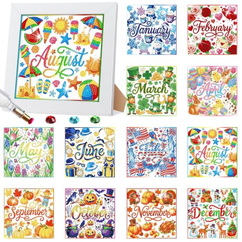 Trandraft 13 Pcs Interchangeable Monthly Diamond Art Kits for Adults 5D Small Seasonal Gem Diamond Art Framed Painting for Summer Fall Thanksgiving Halloween Christmas Holiday Table Decor DIY Craft