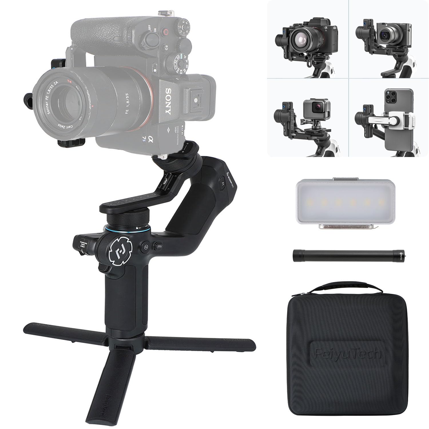 FeiyuTech Official SCORP Mini 2 Kit, Gimbal Stabilizer with 3 axis, All in One Gimbal for Mirrorless Cameras,Smartphone,Action Cameras,Built-in AI Tracker,with Carrying Case,Black