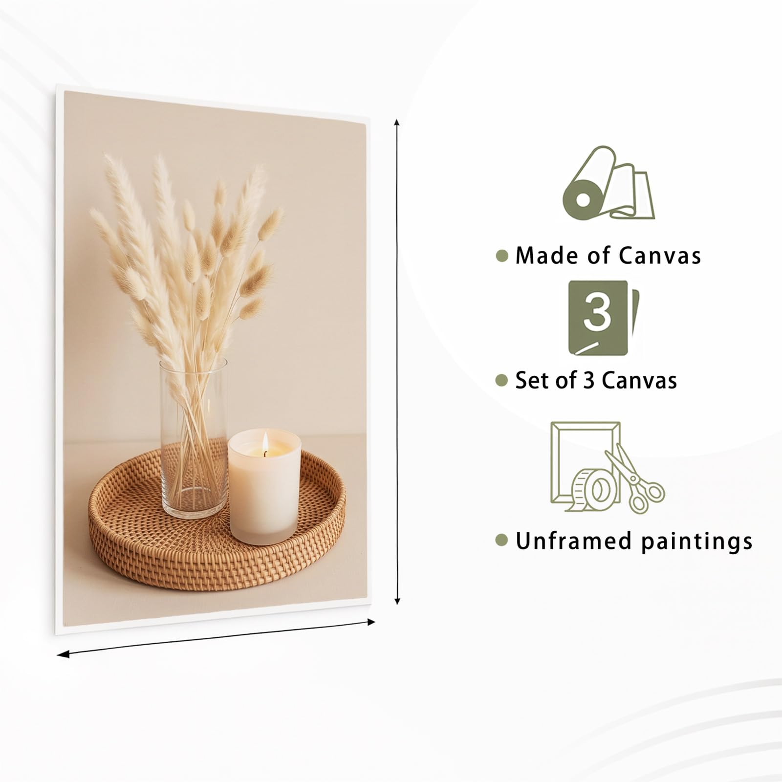 Generisch 3-teiliges Wandbild Leinwand Set 50 x 70 cm, Ohne Rahmen Triptychon Ästhetische Kunstdrucke Stillleben Fotografie für Wohnzimmer & Schlafzimmer, Trockenblume Weizenähre
