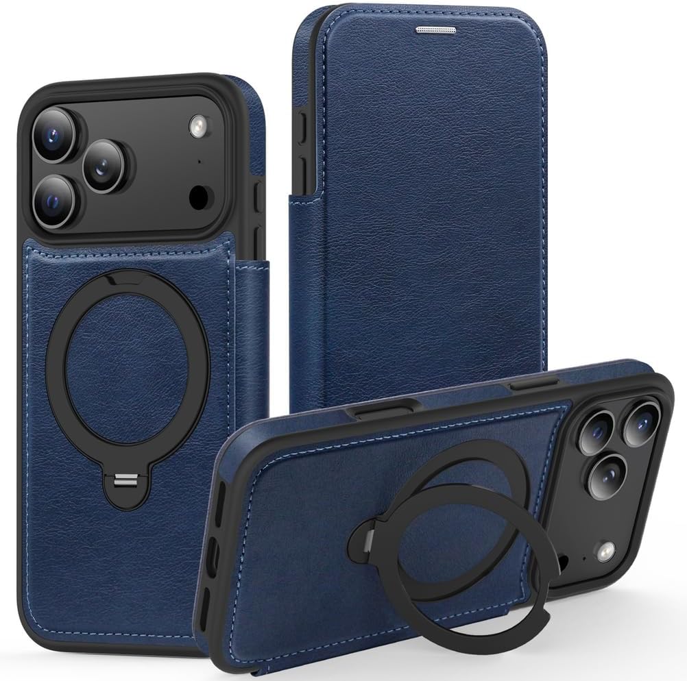 Wallet Case for iPhone 17 Pro Max/17 Pro/17 Air/17,Full Coverage Protection Swivel Magnetic Ring Holder Flip Leather Cover All -Inclusive Mobile Phone Case(Black,17 Pro)