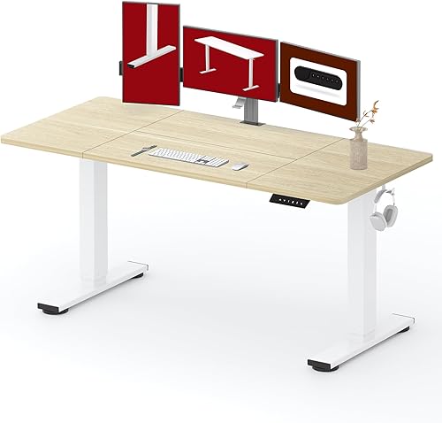 SANODESK Standing Desk Height Adjustable Electric Stand up Desk 63x32 Inches Sit Stand Home Office with Splice Board, White FrameWhite Wood Grain