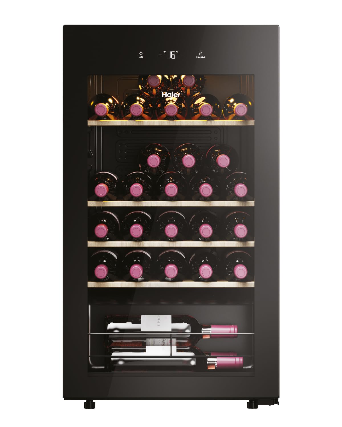 Haier Weinkühlschrank 50 SERIE 3 HWS34GGH1 I Weinklimaschrank für 34 Flaschen I Moderner Wine Fridge mit UV-Glastür & 5 Holzregalen I Wine Cooler mit Wi-Fi & Touch-Display I Vibrationsarme Lagerung