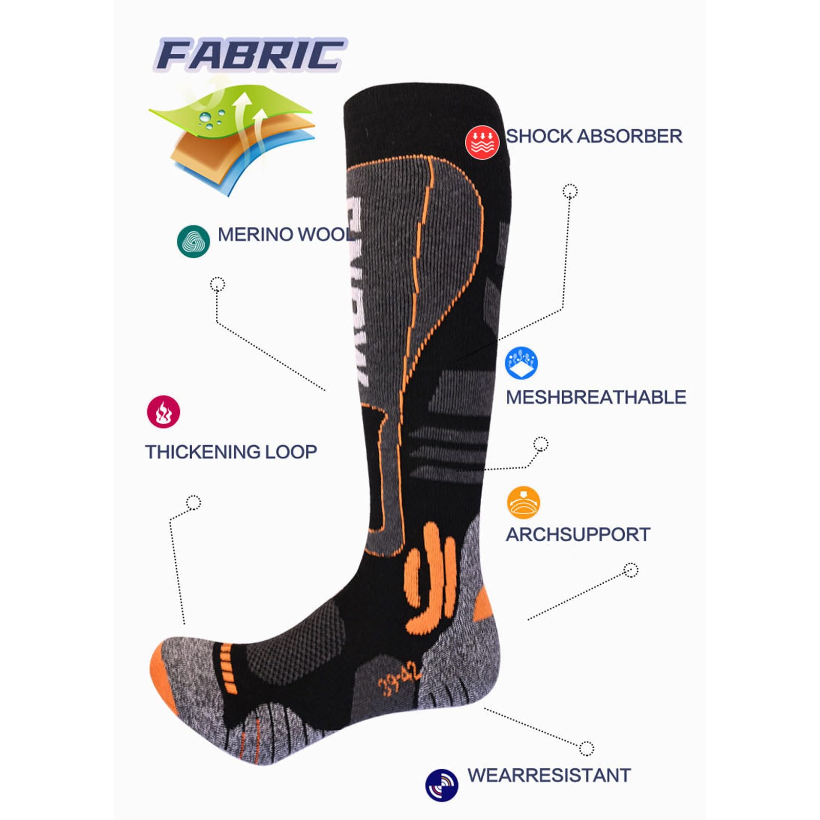 2 Pares Calcetines Esquí Lana Merino Para Hombre y Mujer Térmicos y Resistentes Calcetines Invierno Hasta la Rodilla Ajuste Anatómico Absorbe la humedad para Esquí,Snowboard y Excursionismo