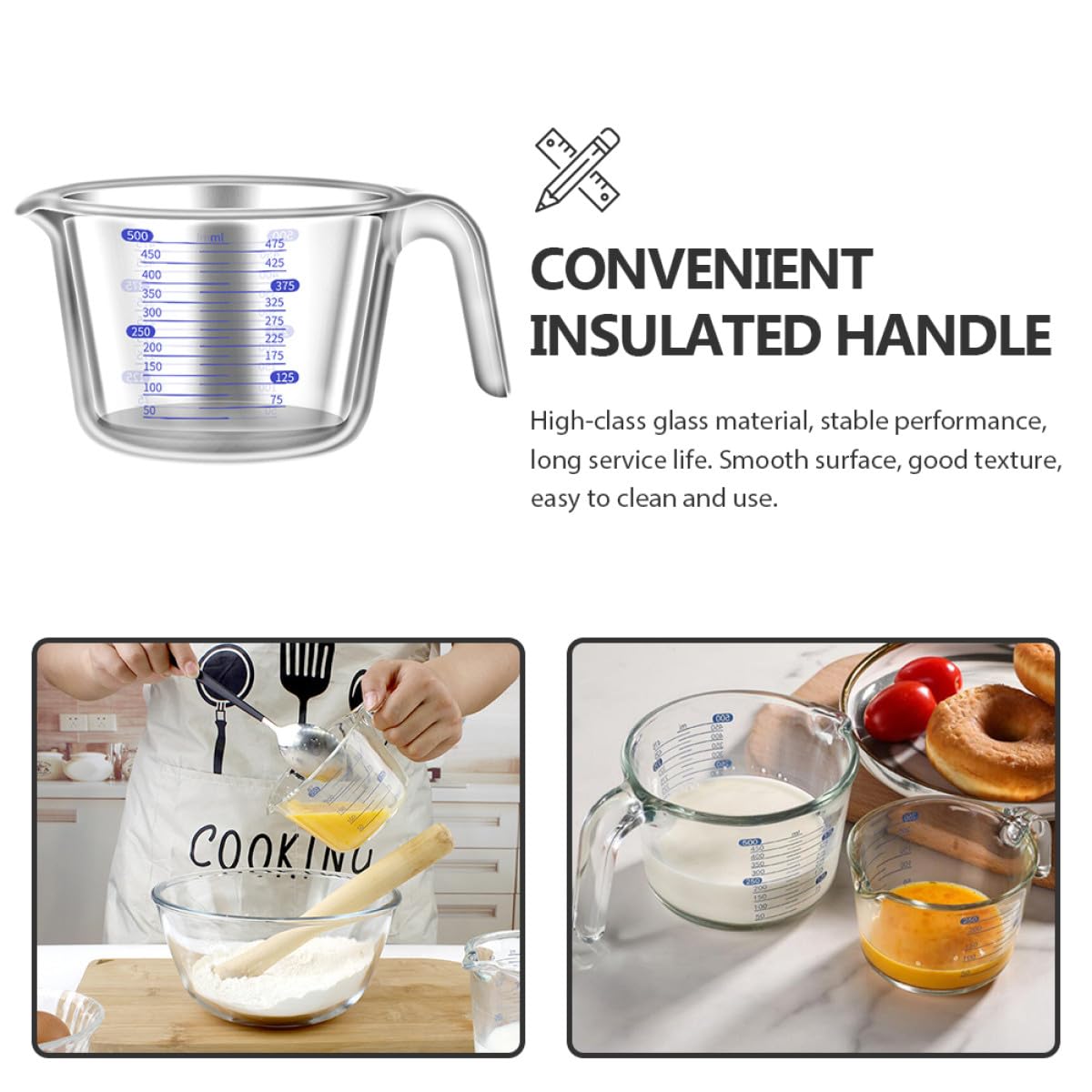 Hitzebeständiger Glas Messbecher mit Klarer Skala Spülmaschinenfest Präzises Dosieren Schmaler Ausguss für Fließenden Flüssigkeitsaustritt für Küche Backen und Kaffeezubereitung