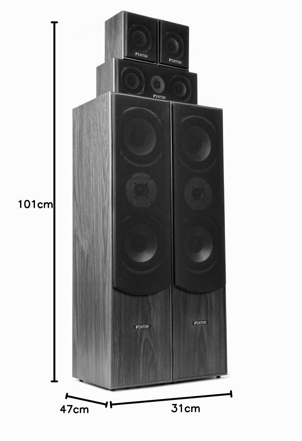 Fenton HF5B Sistema Home Cinema 5.1 con subwoofer Activo 8 Pulgadas | Altavoces frontales, central y traseros, Bass Reflex, crossover ajustable, compatible con receptores AV 5.1