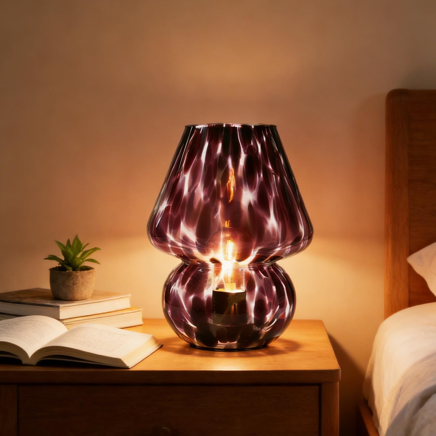 AOMOONOA Glass Mushroom Lamp, Mushroom Desk Lamp with LED Bulb, Small Purple Battery Operated Cordless Lamps for Kitchen Counter, Bedroom Nightstand, Living Room, Gift for Mom