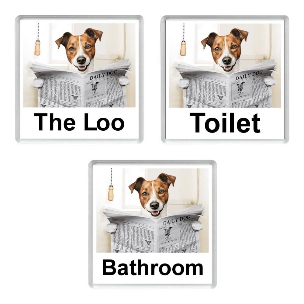 JACK RUSSELL TERRIER READING A NEWSPAPER ON THE LOO Novelty Acrylic Toilet Door Sign (3 WORDINGS)
