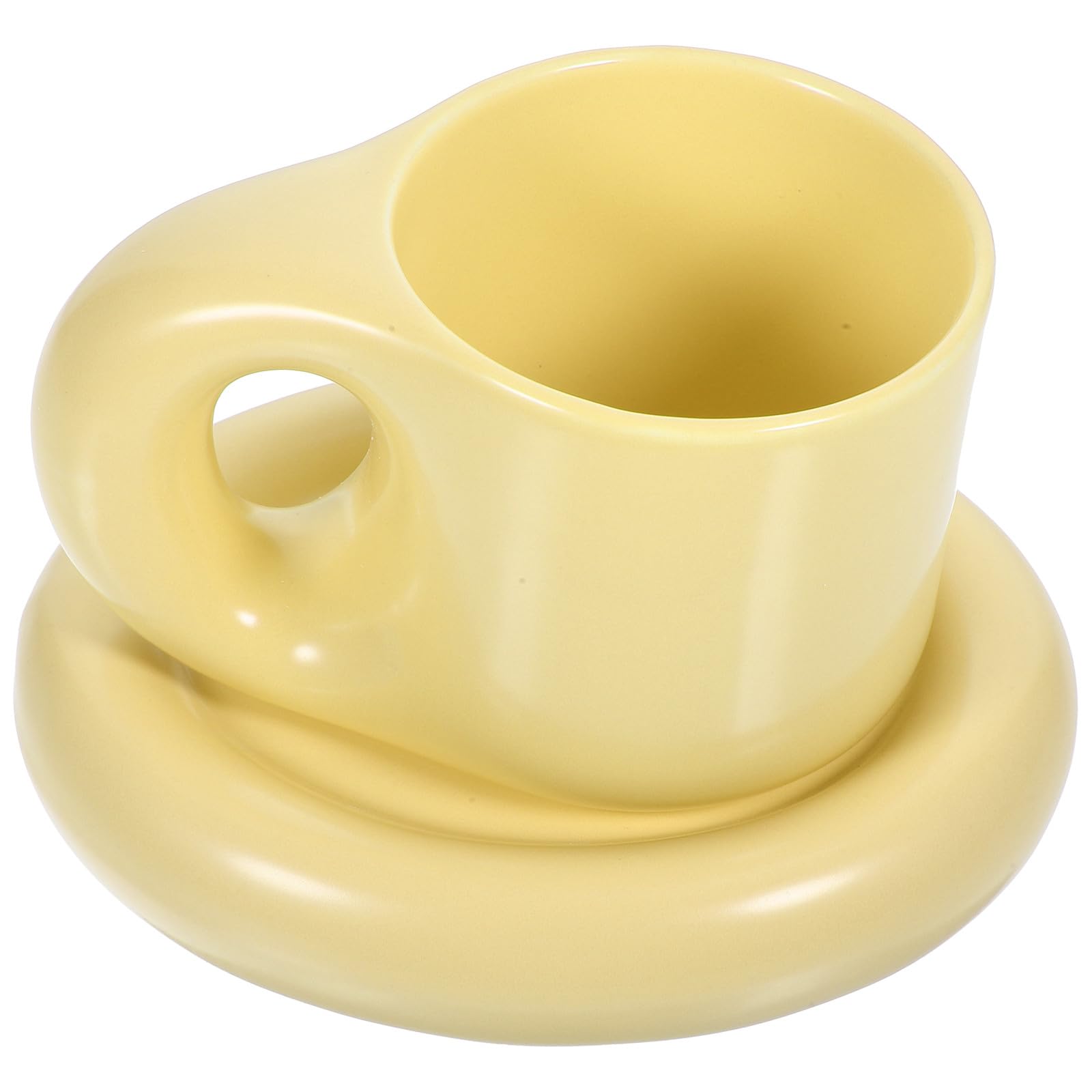 Keramik Kaffeetasse mit Untertasse 300ml Gelb Cappuccino Tassen Satz für Zuhause und Büro ohne Grate mit Glatten Runden Kanten Stilvoll und Praktisch