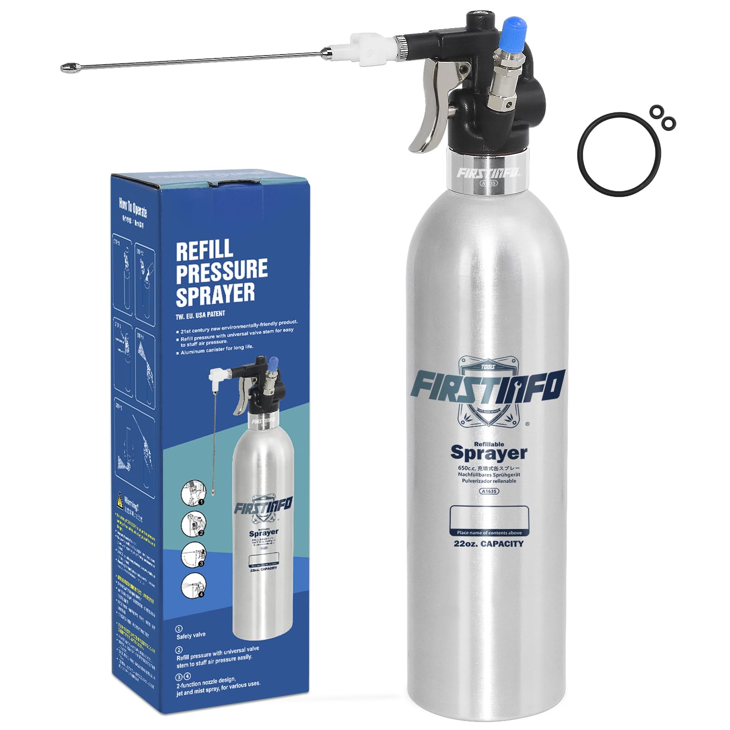 FIRSTINFO A1635 Patented Max. Pressure 110 psi 650ml Aluminum Canister Aerosol Refillable Fluid Storage Spray Can/Pneumatic Compressed Air Sprayer